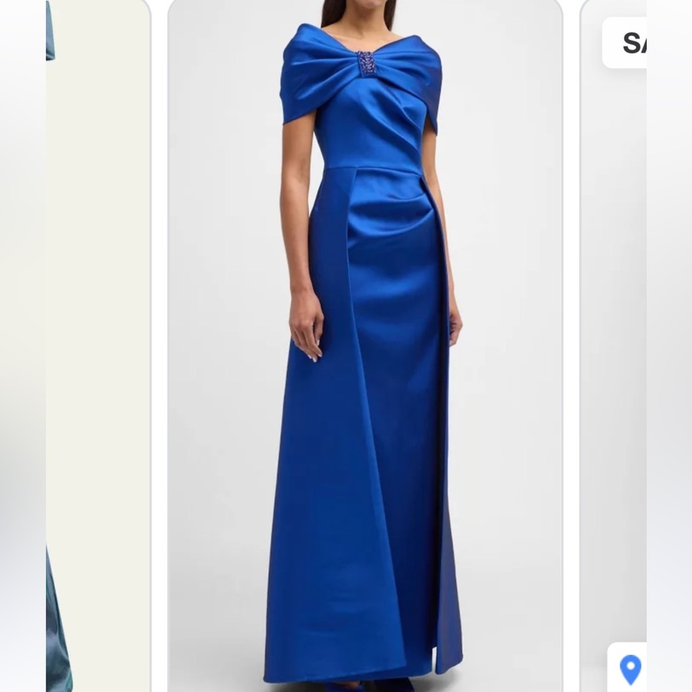 Teri Jon pleated blue off the shoulder gown NWT